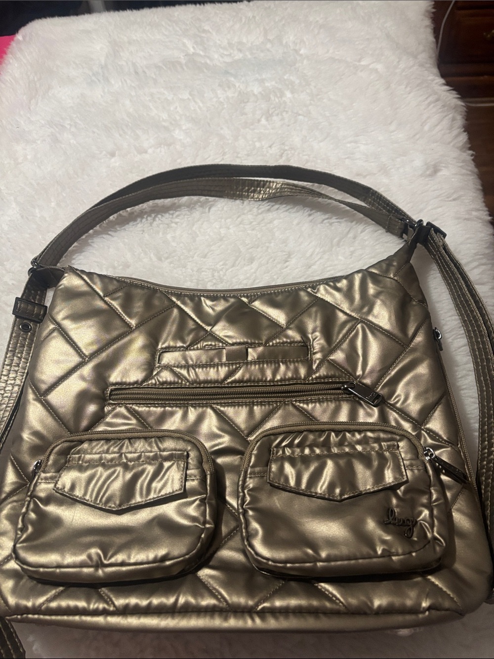 Lugz Metallic Gold Quilted Shoulder Bag Purse Large Multi Pocket NWOT